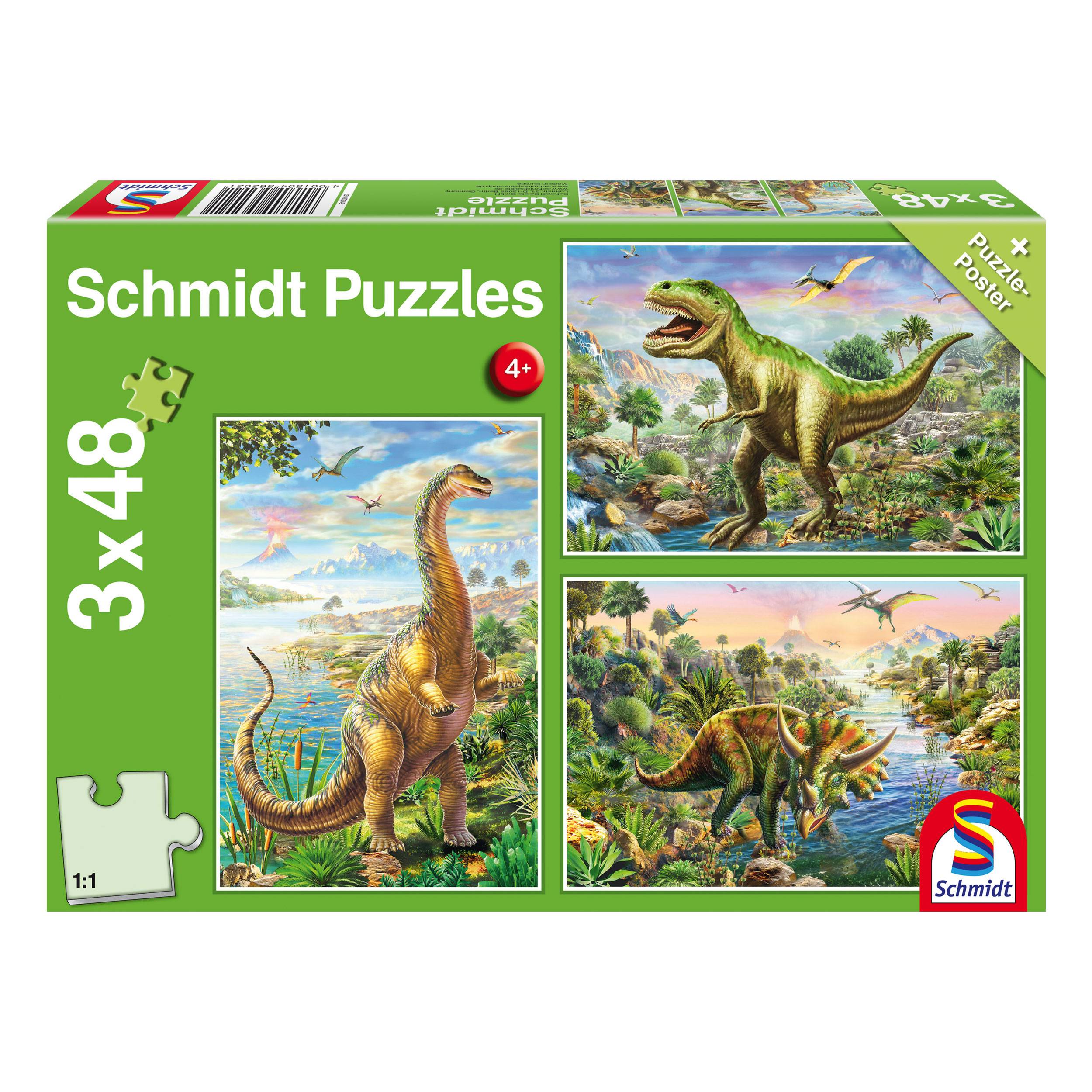 Schmidt Spiele Dinosaurier Abenteuer mit den Dinosauriern, 3 x 48 Teile, 56202