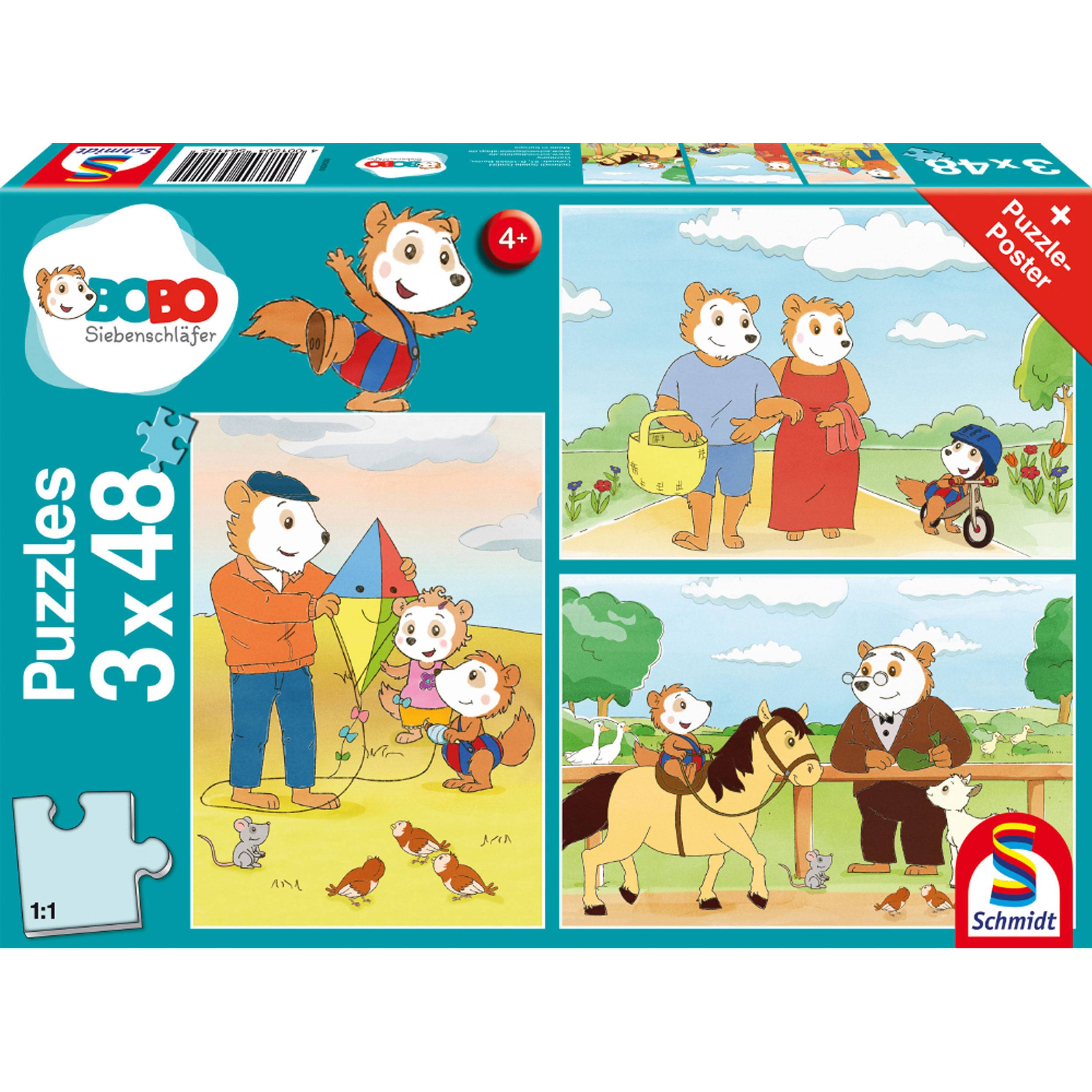 Schmidt Spiele Bobo Siebenschläfer Auf ins Abenteuer, Kinderpuzzle, Kinder Puzzle, Kinderpuzzles, 3 x 48 Teile, 56415