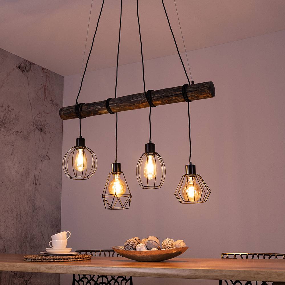 Pendellampe höhenverstellbar Esstischleuchte Hängelampe 4 flammig Holzlampe Landhaus Stil, verschiedene Gitterschirme, 4x E27, LxH 90x150 cm