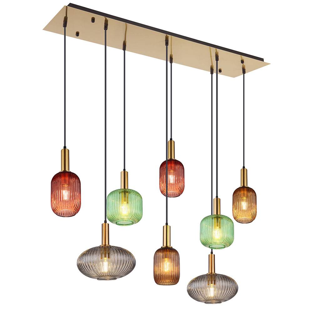 Hängelampe Hängeleuchte Pendellampe Pendelleuchte Esstischleuchte Designleuchte, 8 Flammig Glas Metall messingfarben, 8x E27 Fassungen, LxBxH 125x48