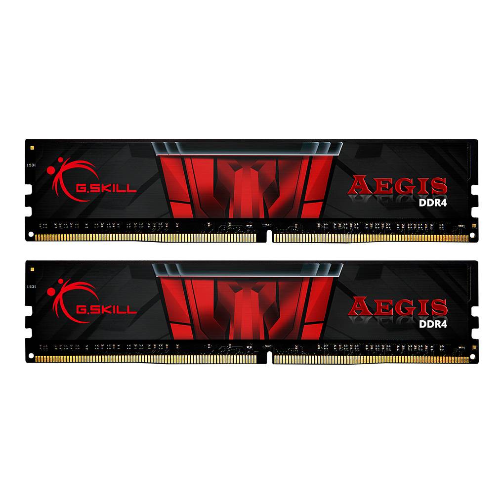 Zwei G.SKILL Aegis DDR4 RAM-Module mit schwarzem und rotem Design und goldfarbenen Anschlüssen, geeignet zum Aufrüsten des Computerspeichers.