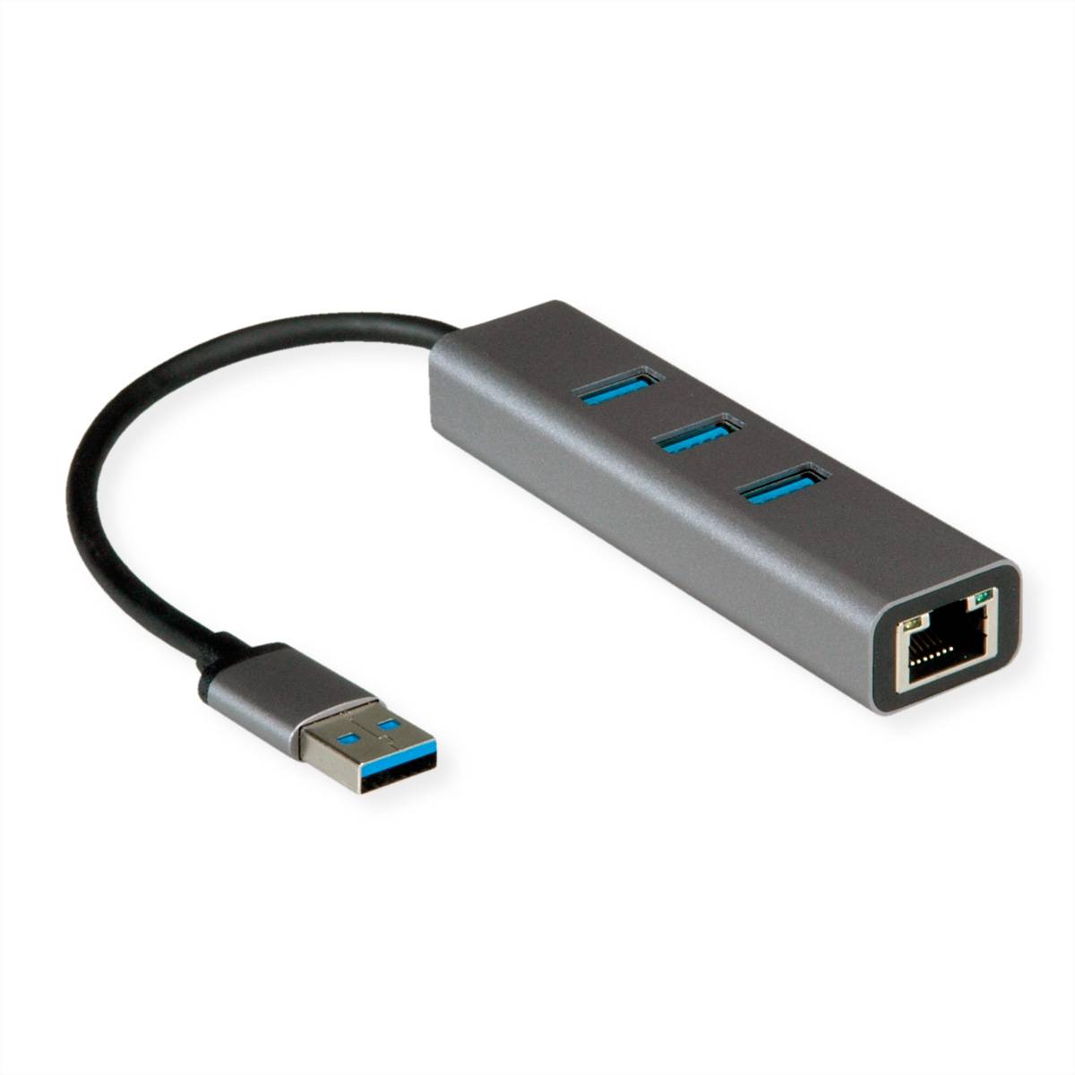 USB-C zu Ethernet und 3-Port-USB-Hub-Adapter mit angeschlossenem Kabel