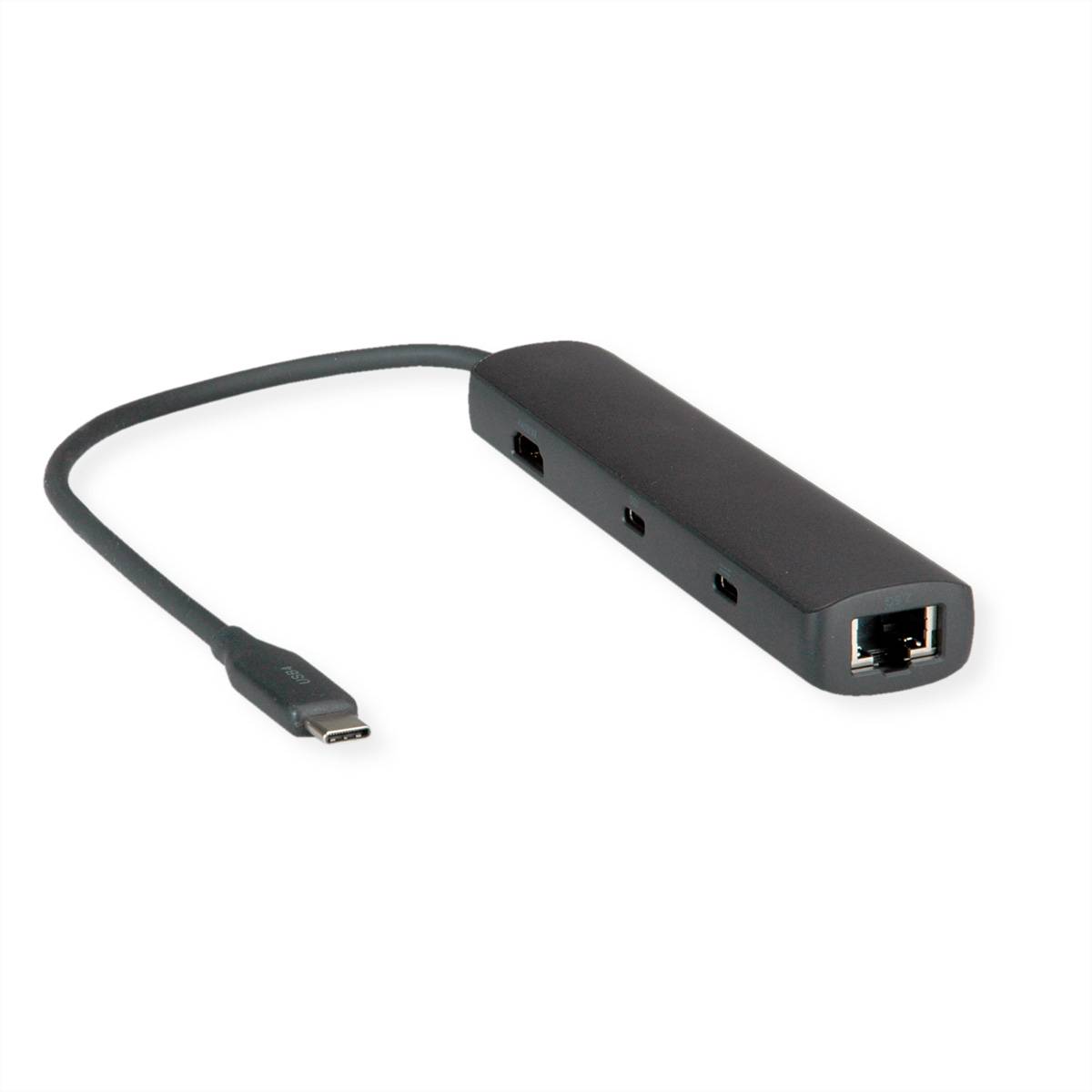 USB-C-zu-Ethernet-Adapter mit kurzem Kabel und USB-C-Stecker, schwarzes rechteckiges Gerät mit Ethernet-Anschluss