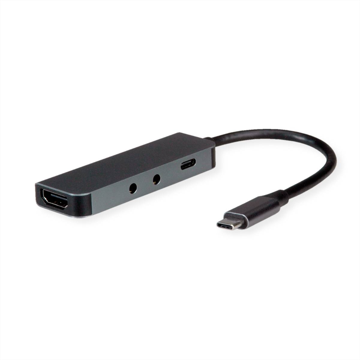 USB-C-Adapterkabel mit HDMI-Ausgang und zusätzlichem USB-C-Anschluss, dargestellt auf weißem Hintergrund.
