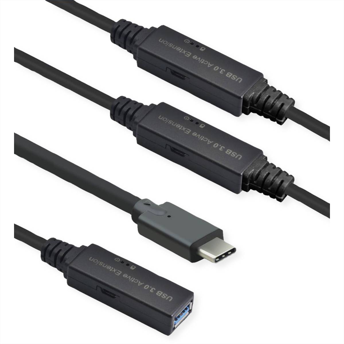 ROLINE USB 3.2 Gen 1 Aktives Repeater Kabel, Typ A - C, schwarz, 20 m