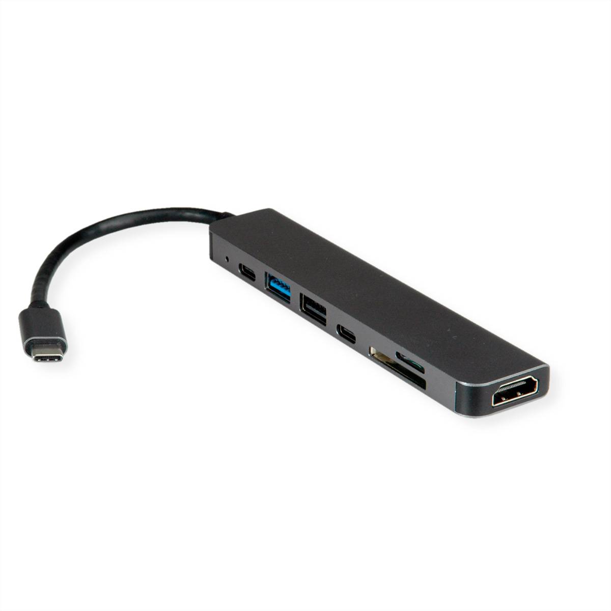 USB-C-Hub-Adapter mit angeschlossenem Kabel, mehrere Anschlüsse einschließlich USB-A, USB-C, SD-Kartensteckplatz und HDMI.