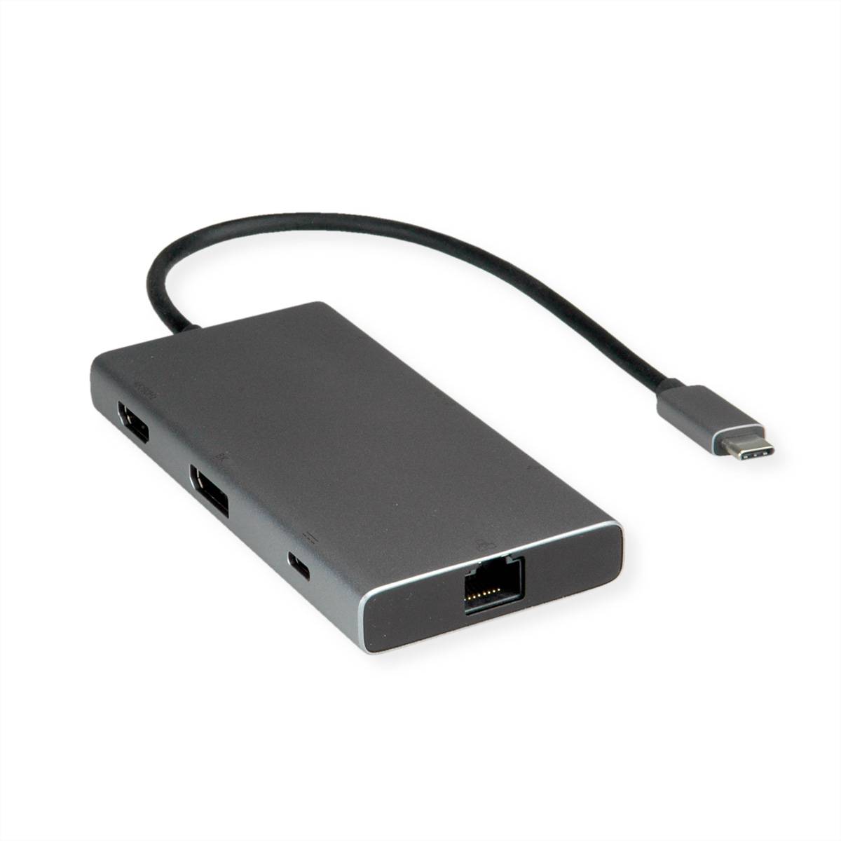 USB-C-Hub-Adapter mit drei Anschlüssen und angeschlossenem USB-C-Kabel, dargestellt auf weißem Hintergrund.
