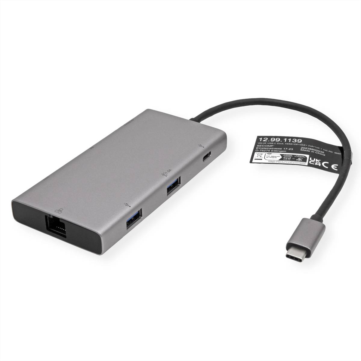 VALUE USB Typ C Dockingstation, HDMI+DP 4K60, 3x USB 3.2Gen1 (1x C + 2x A), 1x PD, 1x RJ45