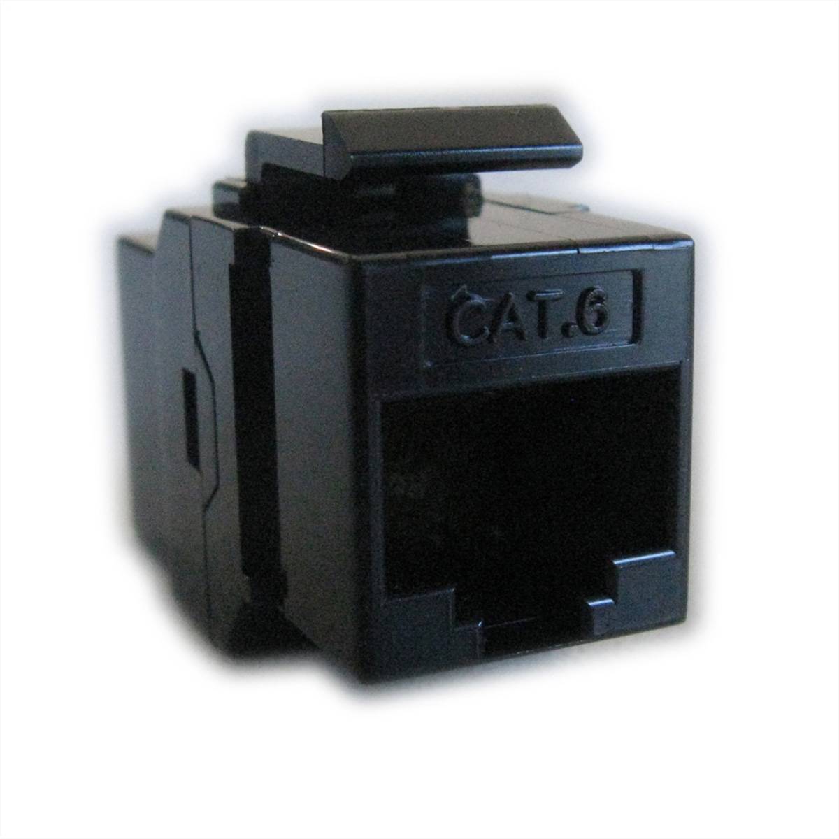 Schwarzes CAT6-Ethernet-Keystone-Jack-Modul mit RJ45-Anschluss und Schutzklappdeckel, abgebildet auf weißem Hintergrund.