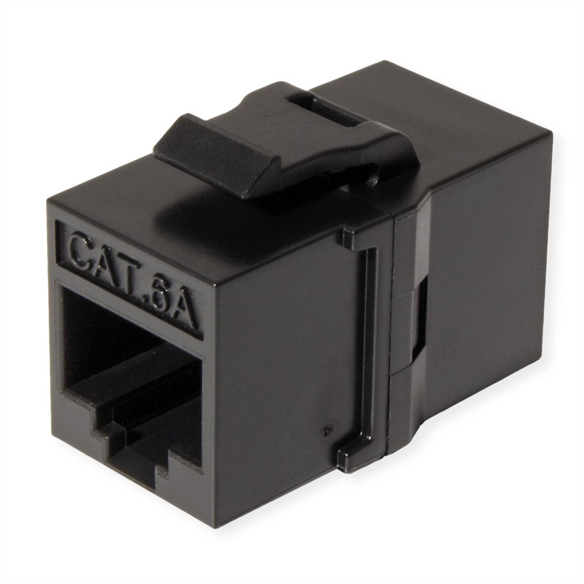 Black Cat 6A Ethernet-Keystone-Steckverbinder mit Schnappverschluss-Clip, dargestellt auf weißem Hintergrund.