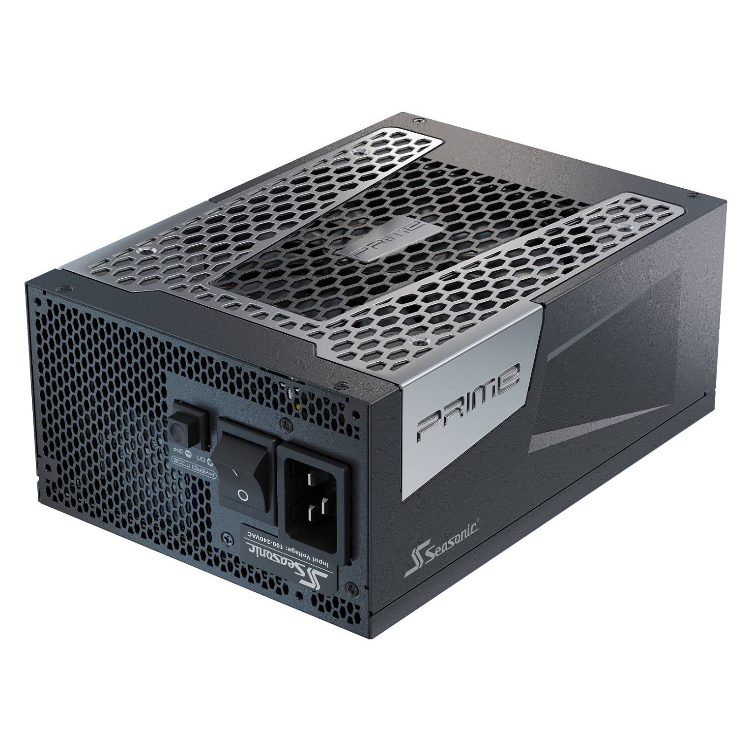Ein silbernes und schwarzes Stromversorgungsgerät für Computer von SeaSonic mit 