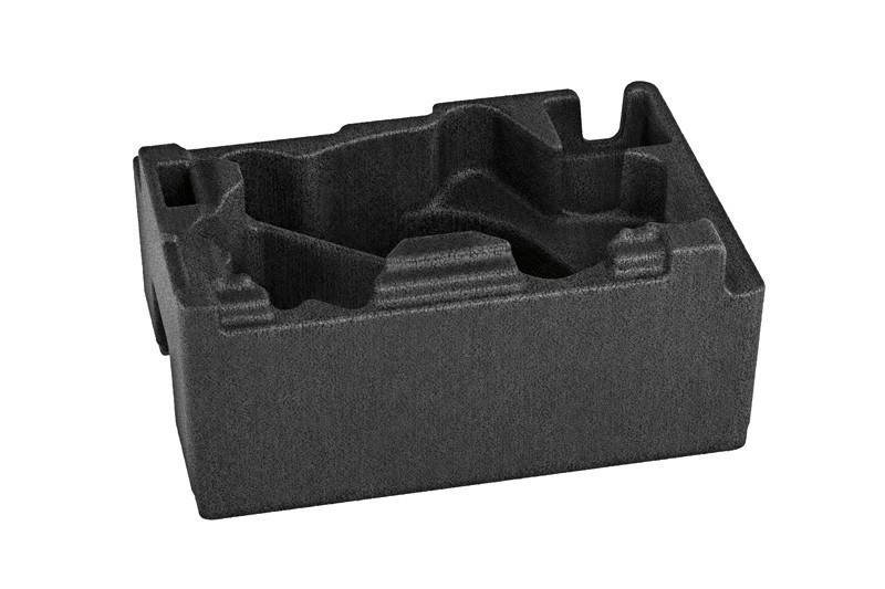 Ein schwarzer Schaumstoff-Verpackungseinsatz mit verschiedenen Fächern, der entwickelt wurde, um Gegenstände während des Transports sicher zu fixieren.