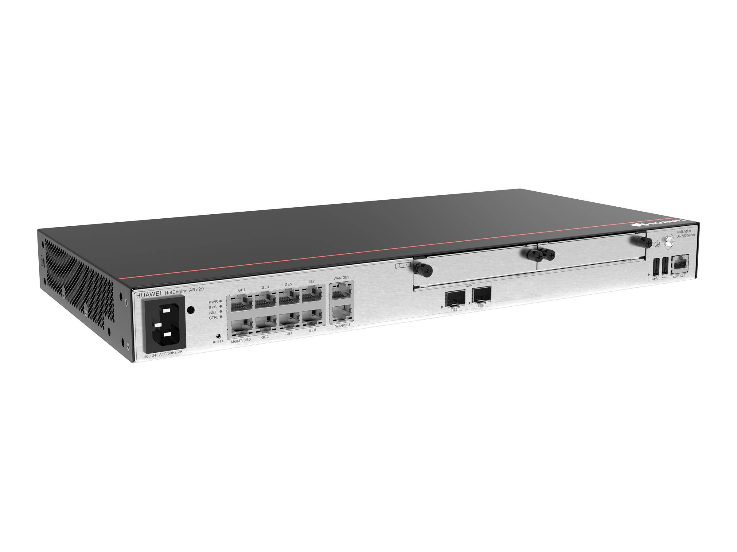 Netzwerk-Switch zur Rackbefestigung mit mehreren Ethernet-Anschlüssen, Stromeingang und hinteren Anschlüssen auf einer silbernen Frontplatte.