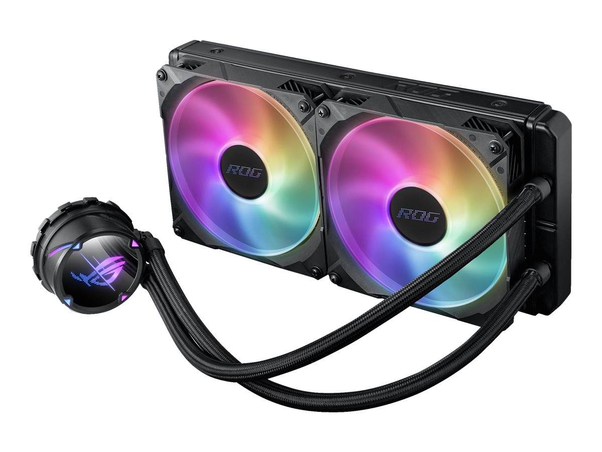 Schwarze Flüssigkeitskühlung für die CPU mit zwei RGB-beleuchteten 120-mm-Lüftern auf einem Radiator und einem kreisförmigen Kühlblock, verbunden durch geflochtene Schläuche.
