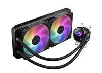 Flüssig-CPU-Kühler mit doppelten RGB-Lüftern auf einem Radiator und einem verbundenen Pumpenblock.