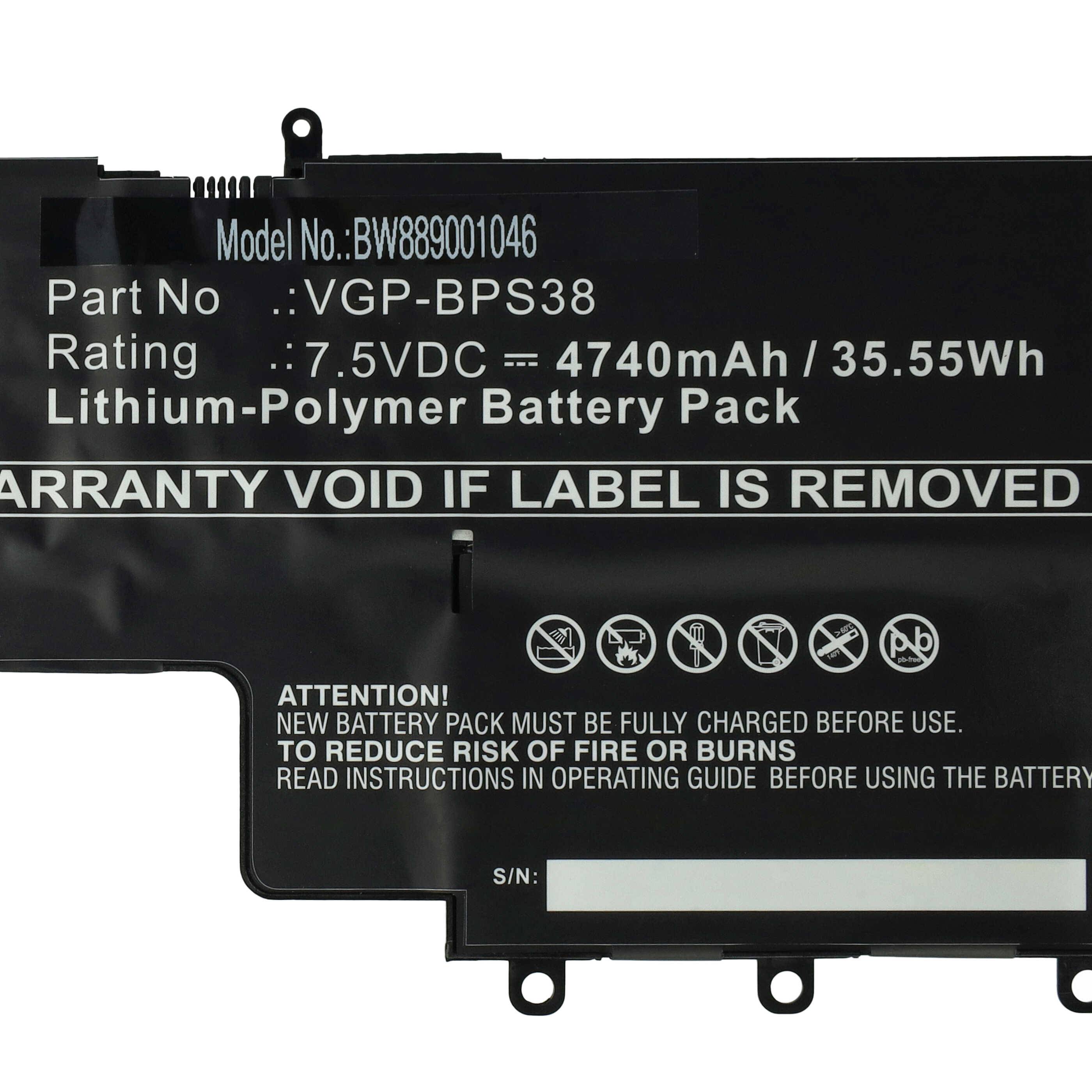 vhbw Akku kompatibel mit Sony SVP1322F4E, SVP1322M1E, SVP1322M1R, SVP1322F4EB, SVP1322L1E Notebook (4740 mAh, 7,5 V, Li-Polymer)