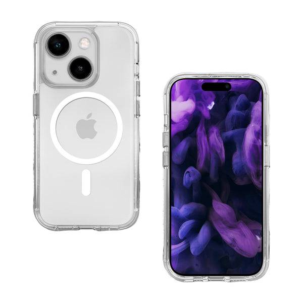 Durchsichtige MagSafe-iPhone-Hülle von vorne und hinten gezeigt, mit einer transparenten Schutzfolie und violettem abstraktem Hintergrund auf dem Telefonbildschirm.