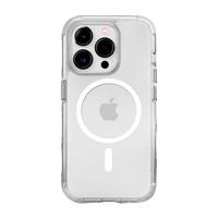 Durchsichtige iPhone-Hülle mit MagSafe-Ring, gezeigt auf der Rückseite eines silbernen iPhones mit dreifacher Kameraobjektiv-Anordnung.