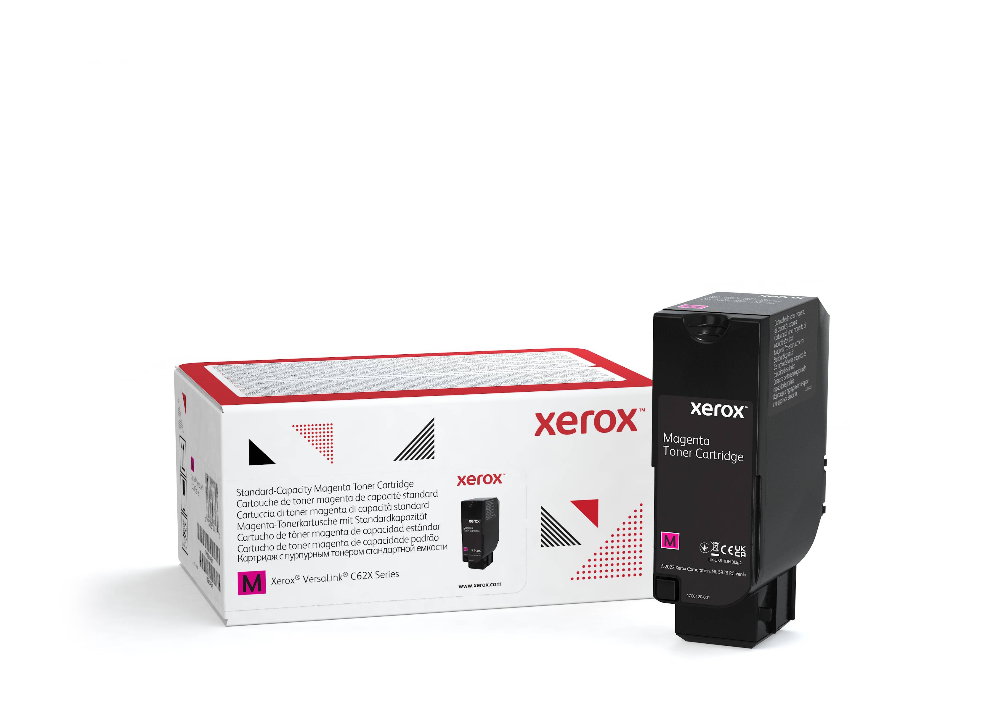Xerox Magenta-Tonerpatrone neben ihrer weißen und roten Verpackung auf einem einfachen Hintergrund.