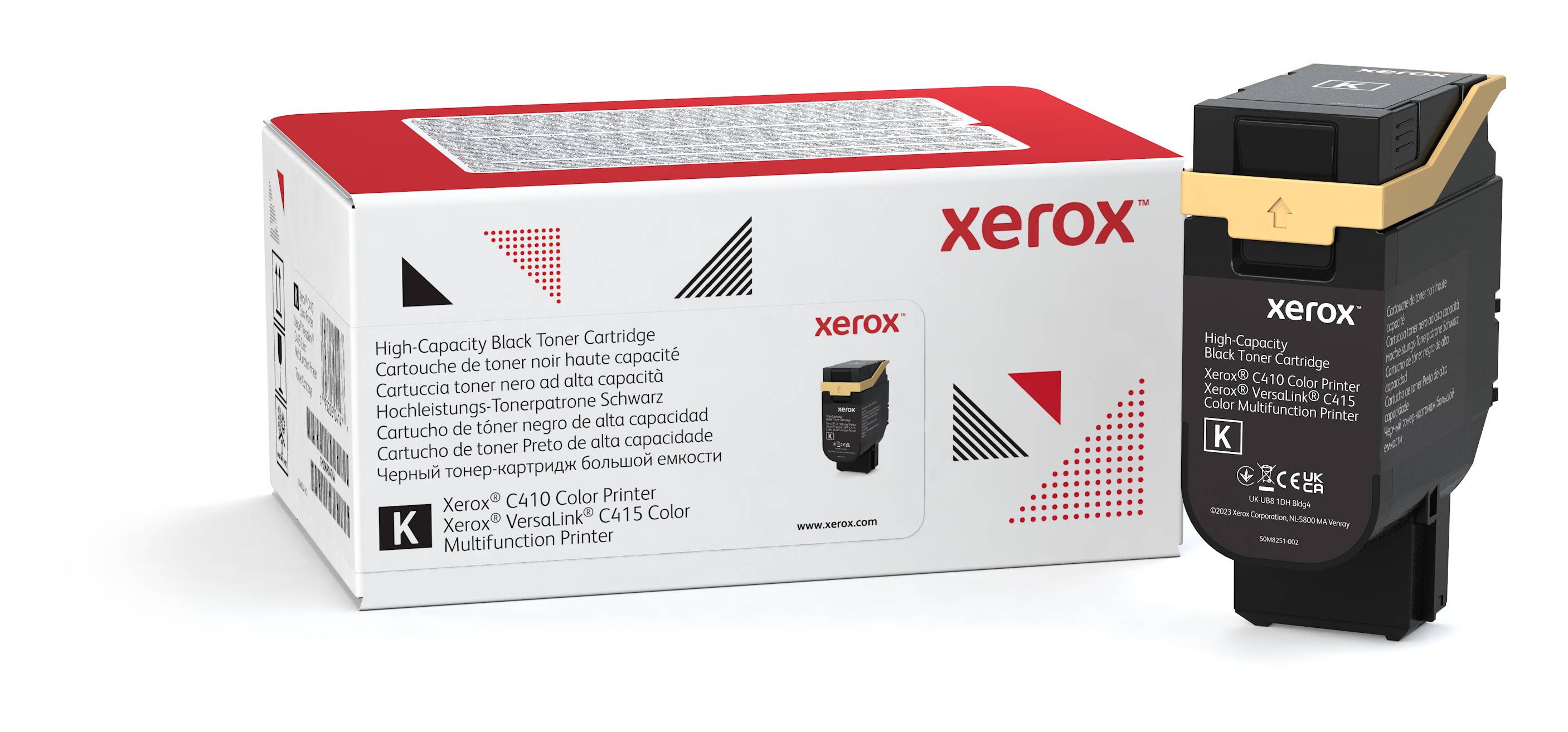 Xerox schwarze Tonerpatrone neben ihrer Produktverpackung abgebildet, gekennzeichnet für einen VersaLink C415 Farbmultifunktionsdrucker.