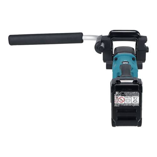 „Ein blau-schwarzes Industrie-Handwerkzeug mit Seitengriff, das für Präzisionsarbeiten verwendet wird, isoliert auf weißem Hintergrund.