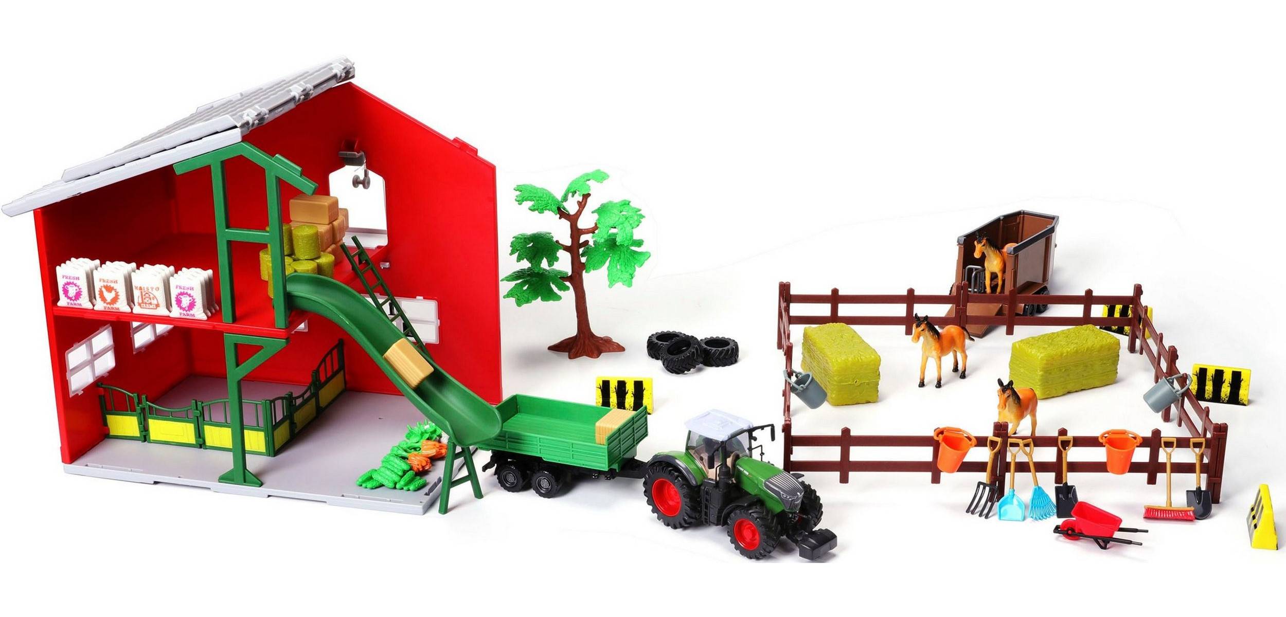 Bburago 18-31682 - Farmland Pferdestall inkl. Fendt 1050 Vario Traktor (69 Teile)