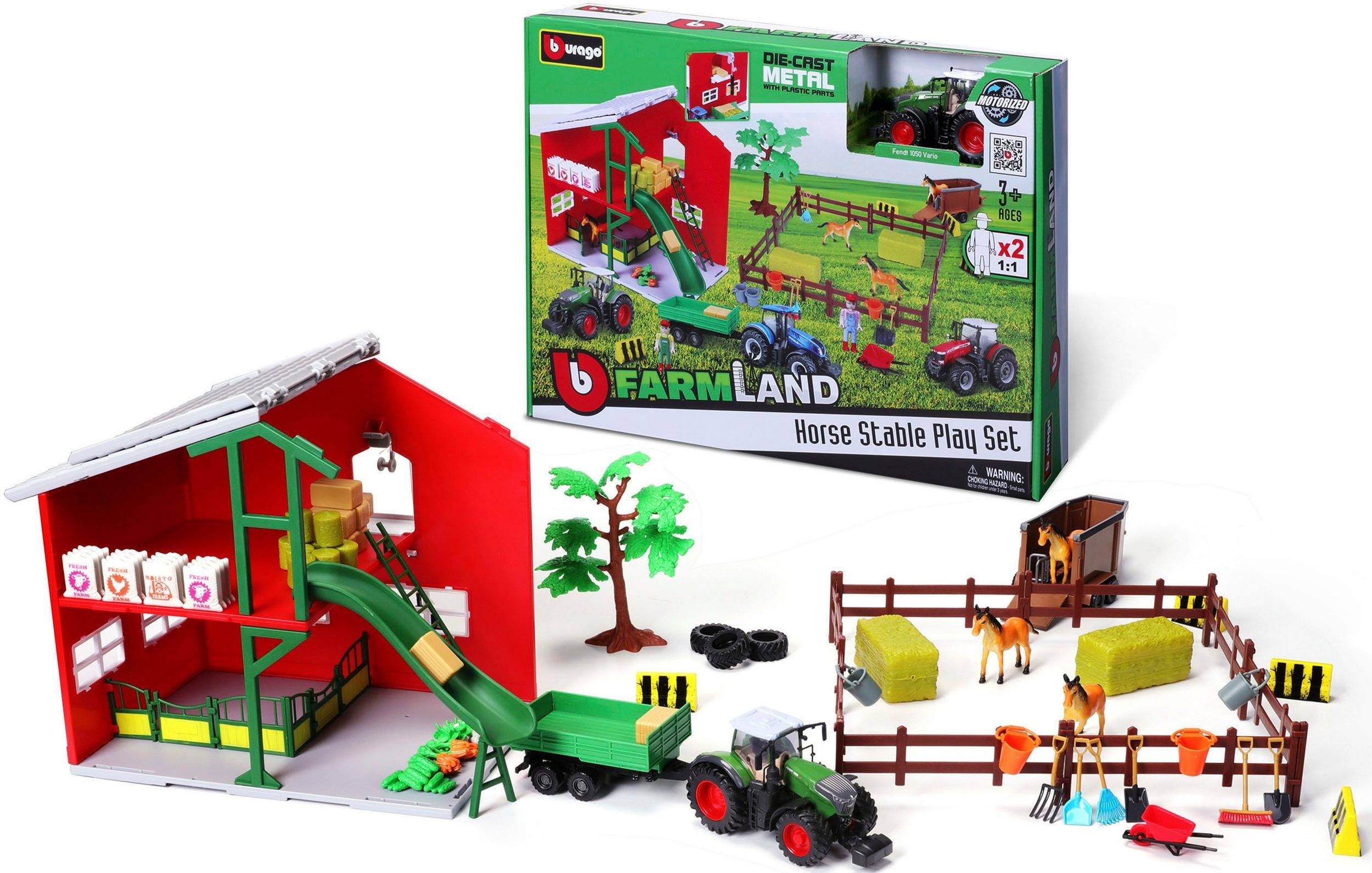 Bburago 18-31682 - Farmland Pferdestall inkl. Fendt 1050 Vario Traktor (69 Teile)