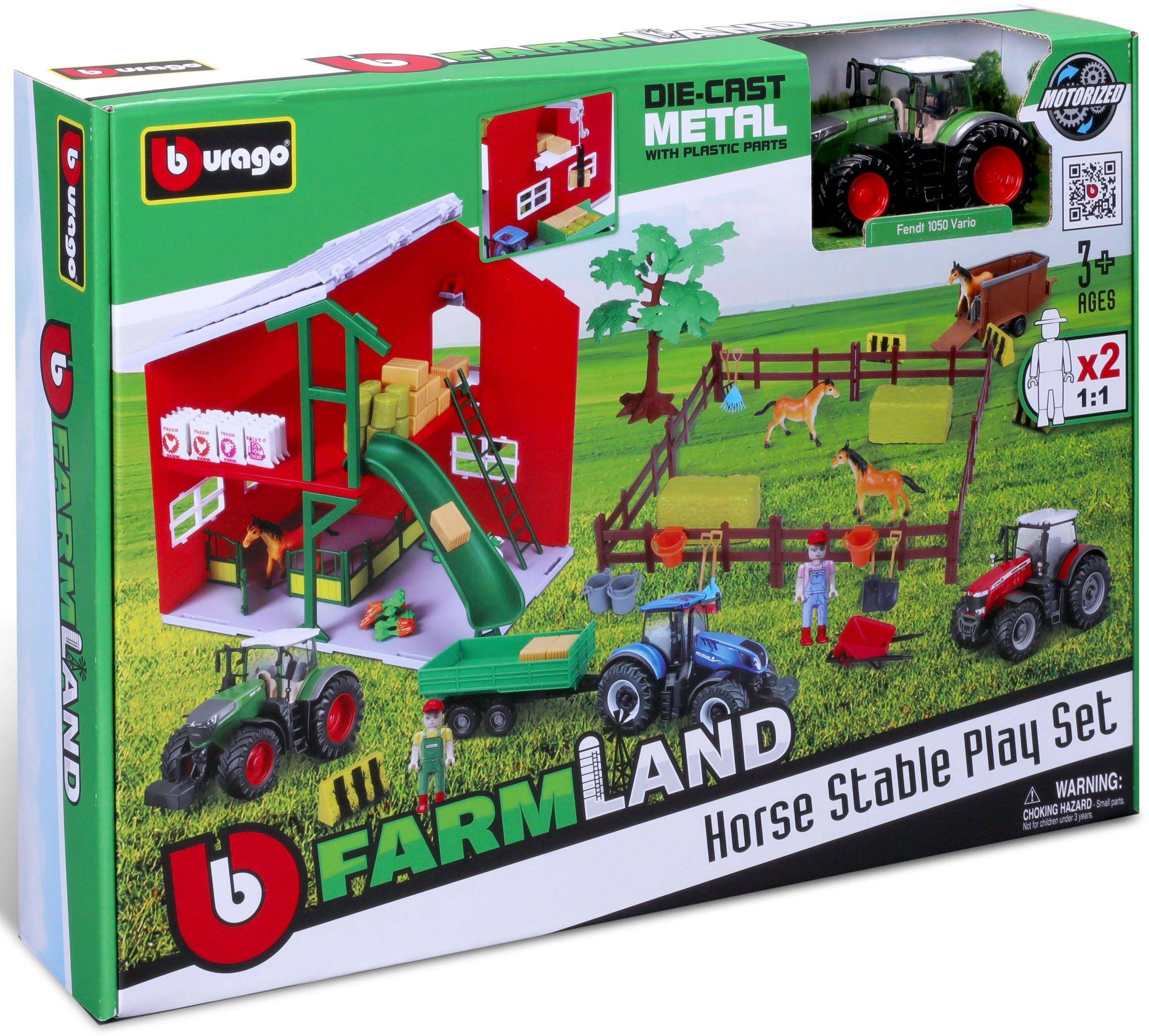 Bburago 18-31682 - Farmland Pferdestall inkl. Fendt 1050 Vario Traktor (69 Teile)