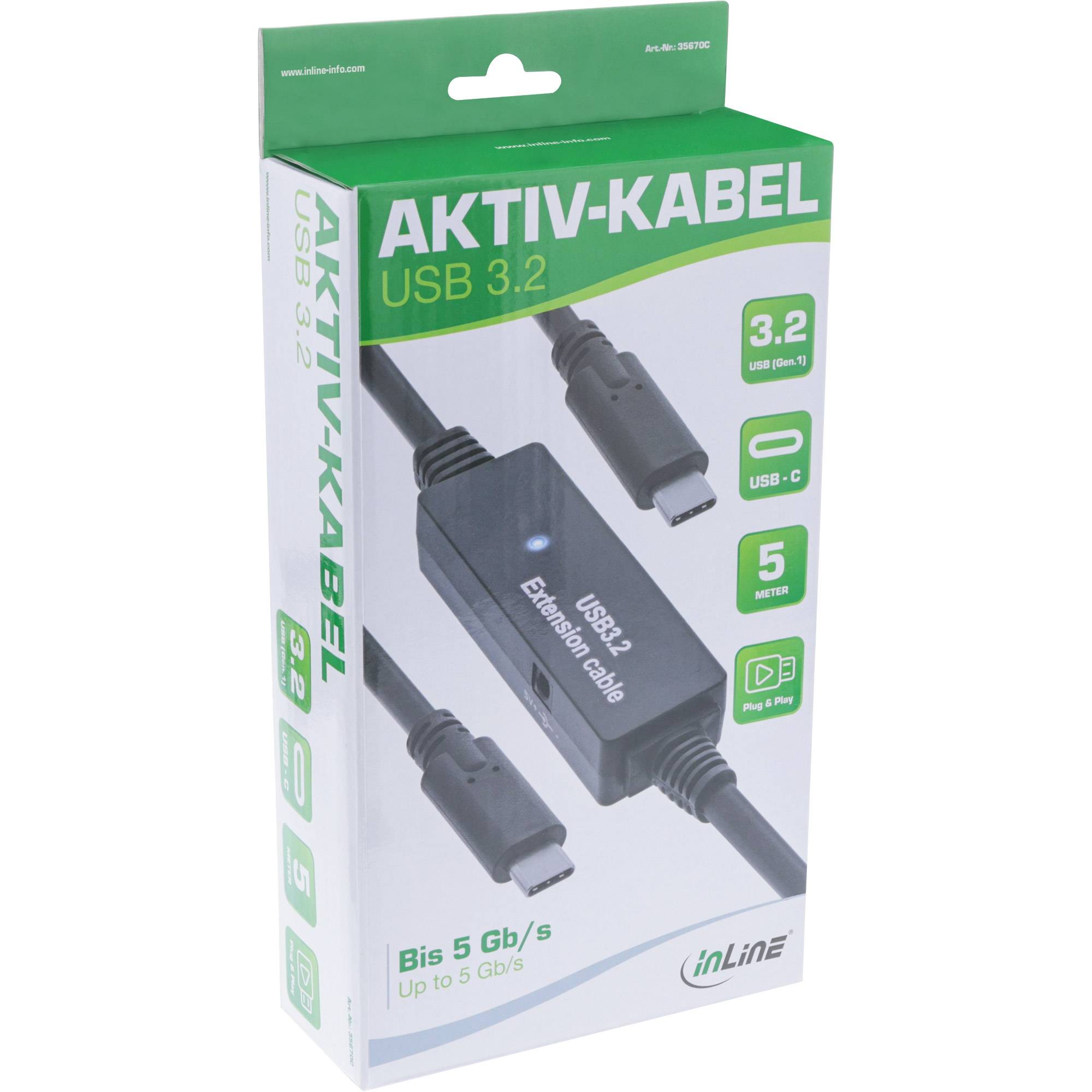 INLINE - USB 3.2 Gen.1 Aktiv-Kabel - USB-C Stecker an USB-C Stecker - schwarz - 5m