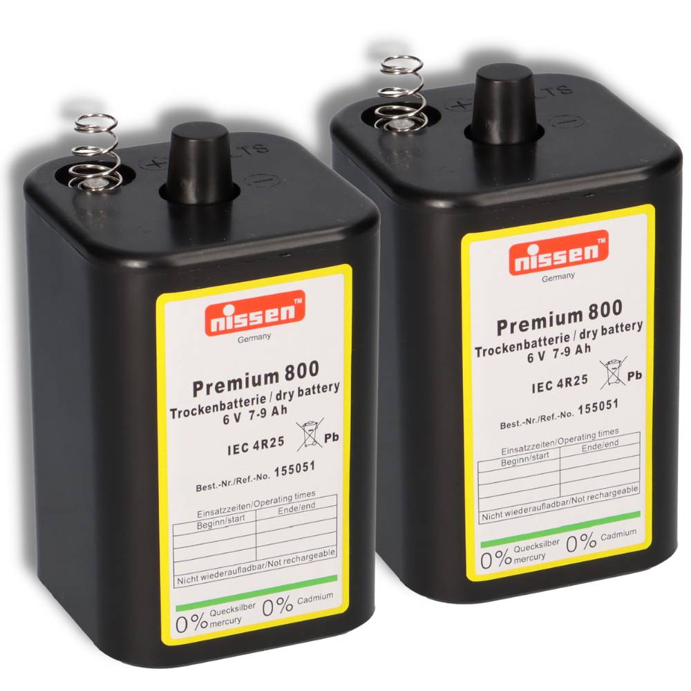 2x Nissen 4R25 Premium 800 - 6V 7-9Ah 6 Volt Hochleistungs- Blockbatterie für z.B. Baustellenleuchte / Baustellenlampe / Blinklampe/