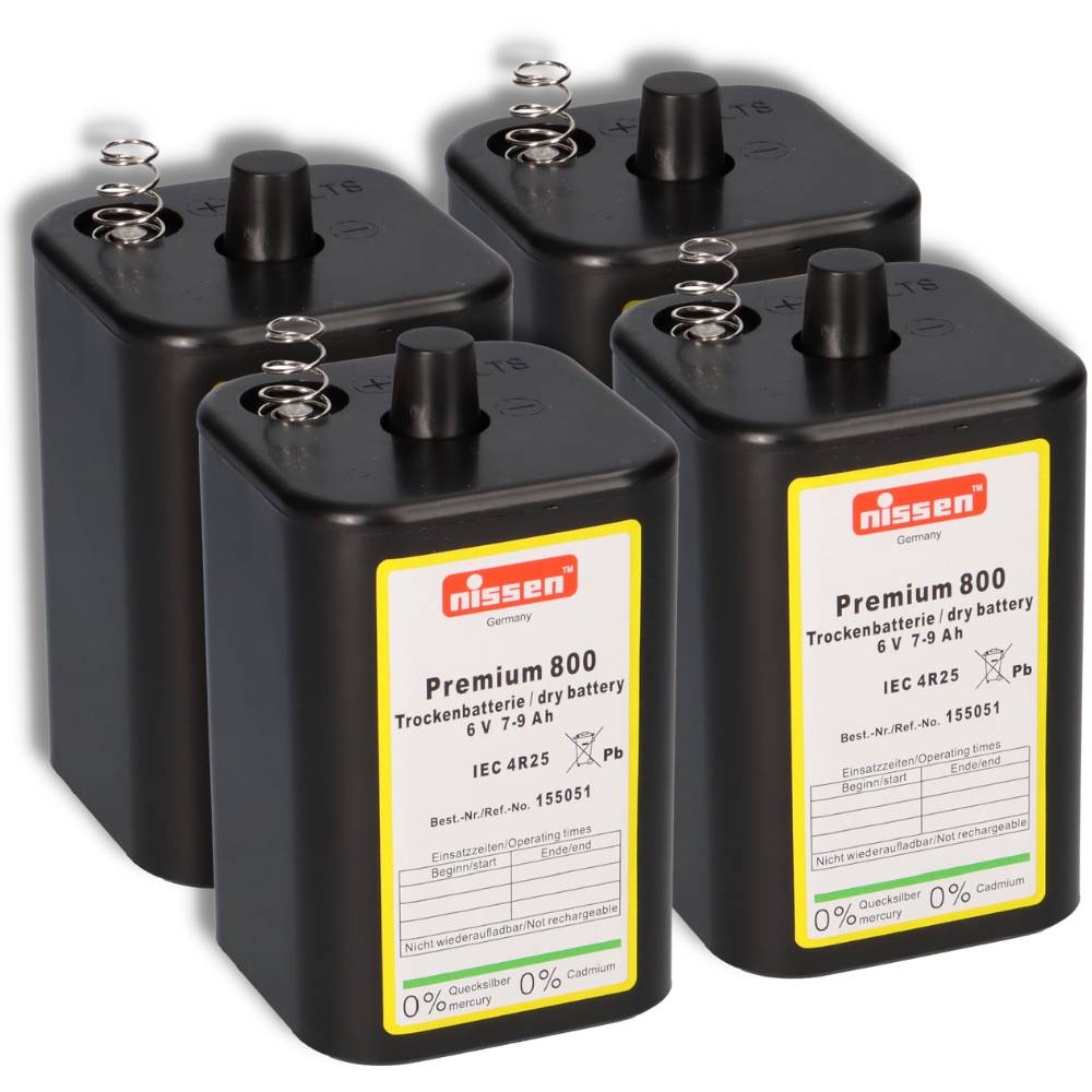 4x Nissen 4R25 Premium 800 - 6V 7-9Ah 6 Volt Hochleistungs- Blockbatterie für z.B. Baustellenleuchte / Baustellenlampe / Blinklampe/