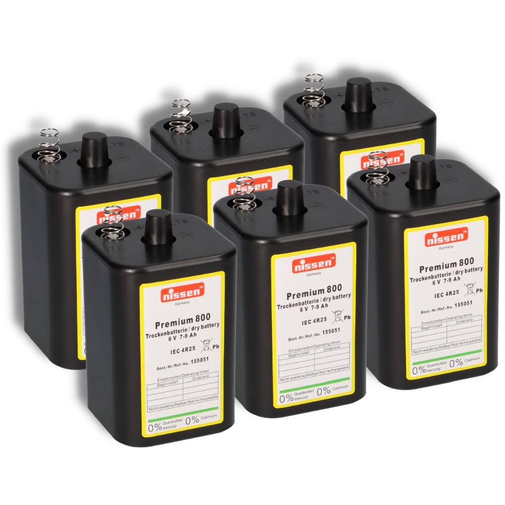 6x Nissen 4R25 Premium 800 - 6V 7-9Ah 6 Volt Hochleistungs- Blockbatterie für z.B. Baustellenleuchte / Baustellenlampe / Blinklampe/