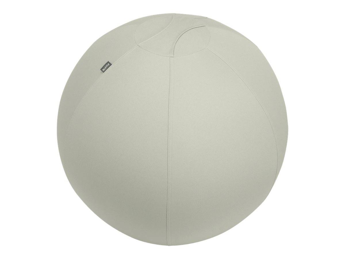Rundes, hellgraues aufblasbares Kissen oder Ball mit einem kleinen schwarzen Etikett auf weißem Hintergrund.