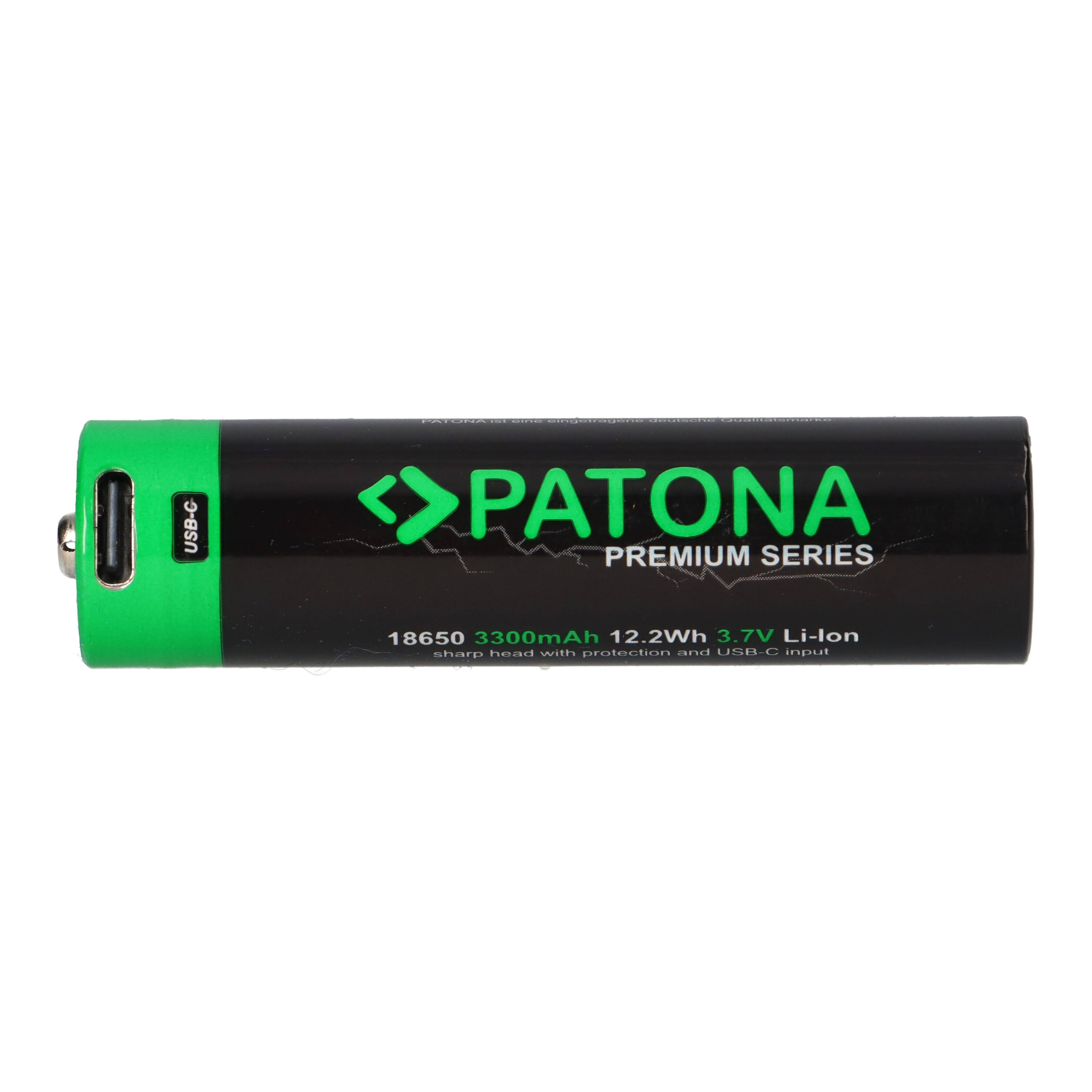 2x PATONA Premium 18650 Zelle Li-Ion Akku + USB-C Input 3,7V 3300mAh