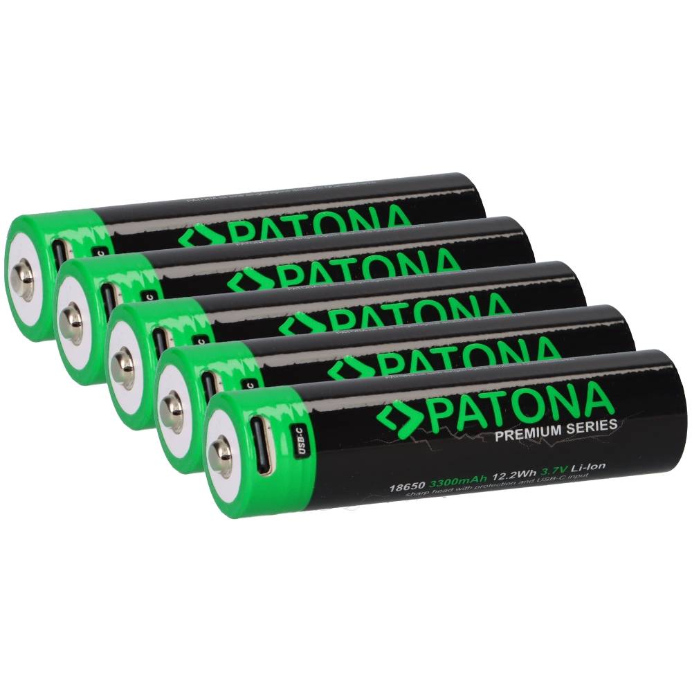 5x PATONA Premium 18650 Zelle Li-Ion Akku + USB-C Input 3,7V 3300mAh