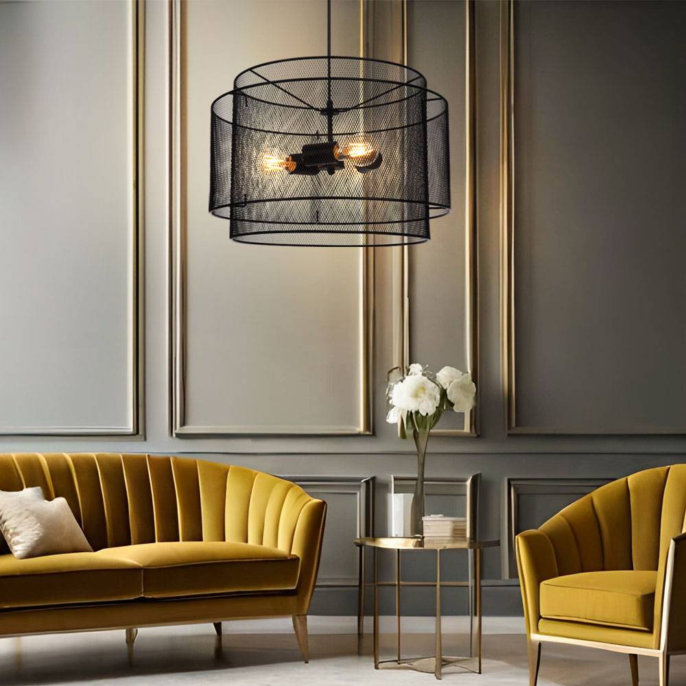 Hängelampe Pendellampe schwarz Hängeleuchte Gitter rund Industriell Esszimmer, Metall, 3x E27 Fassungen, DxH 45x120 cm