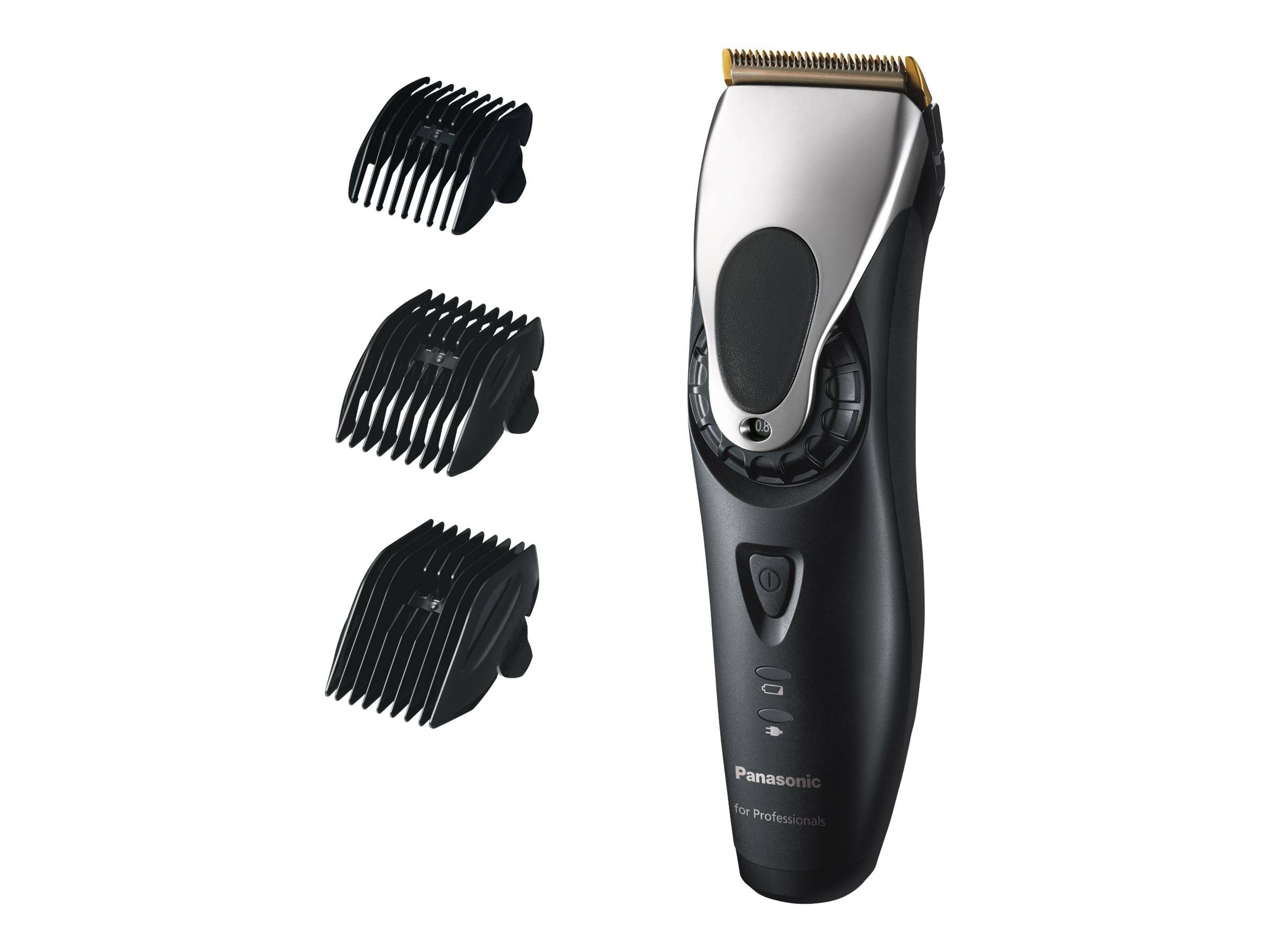 Schwarzer Panasonic-Haarschneider mit goldfarbener Schneideklinge, neben drei abnehmbaren Kammaufsätzen auf weißem Hintergrund gezeigt.