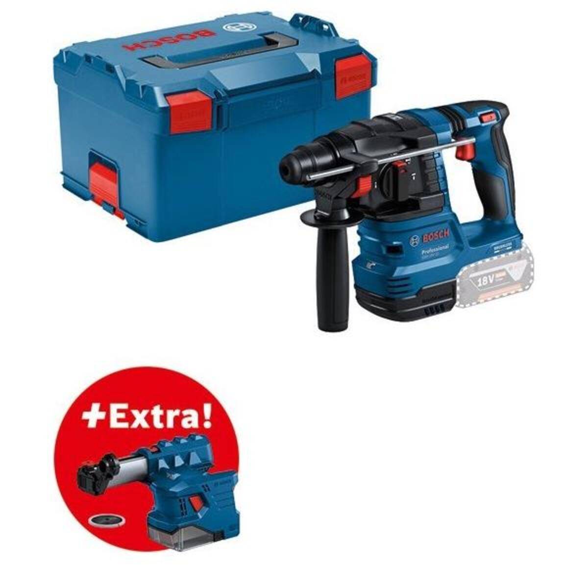 Eine blaue und schwarze Bohrmaschine mit Griff wird neben einem blauen Transportkoffer gezeigt. Ein Einschub hebt eine zusätzliche Bohrerweiterung hervor.