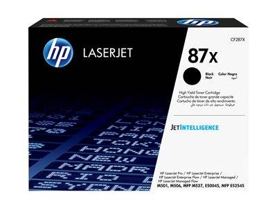 HP LaserJet 87X Schwarzer Tonerkartusche in Originalverpackung mit HP und JetIntelligence Branding. Kompatibel mit M501-, M506- und MFP M527-Modellen.