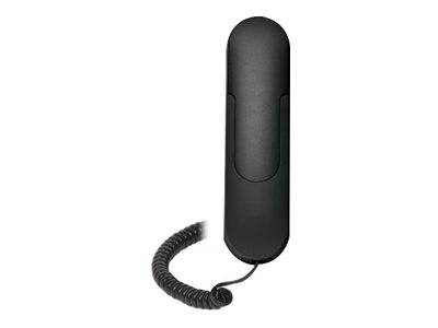 Ein schwarzer Telefonhörer mit Schnur und Spiralkabel, von vorne betrachtet.