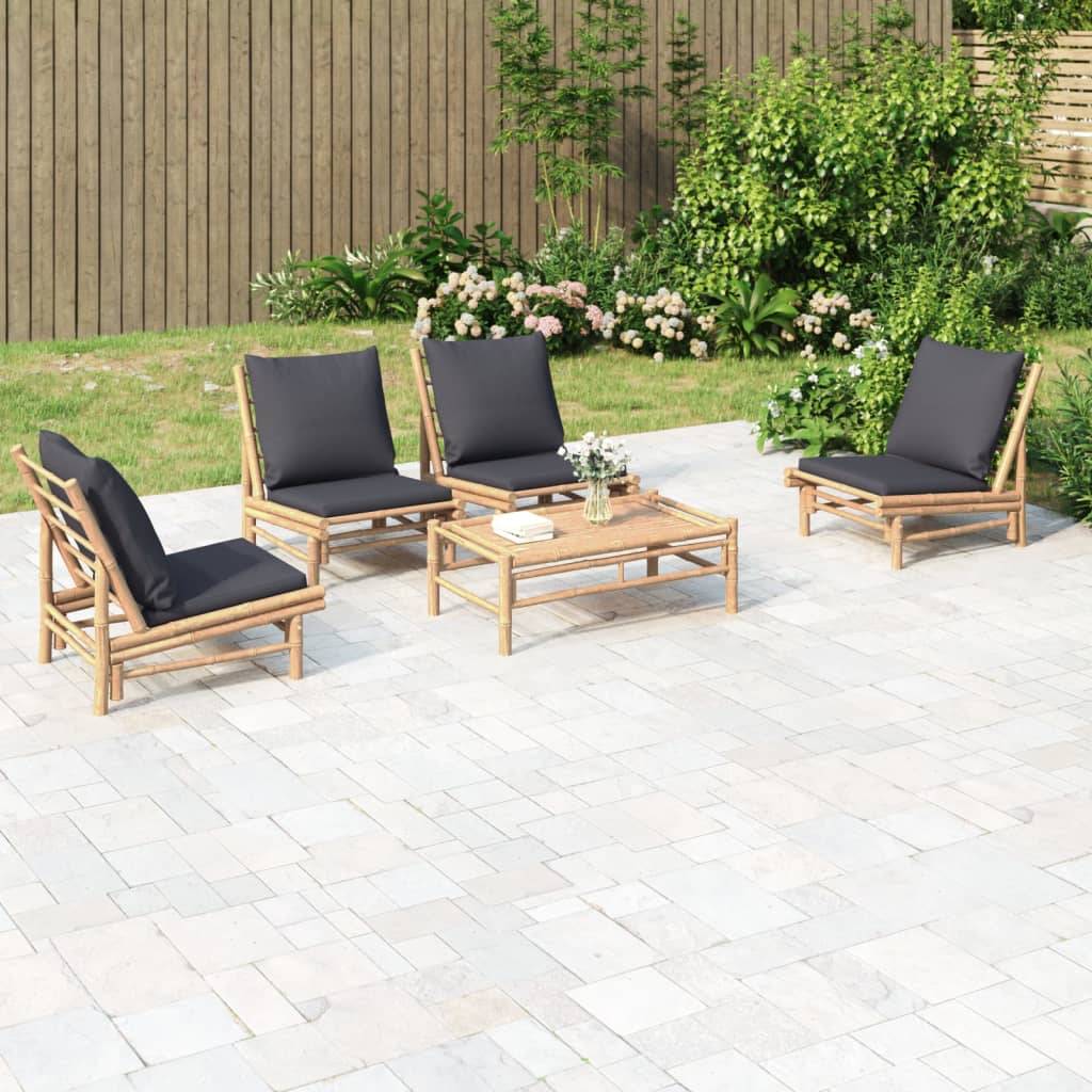 vidaXL 5-tlg. Garten-Lounge-Set mit Dunkelgrauen Kissen Bambus
