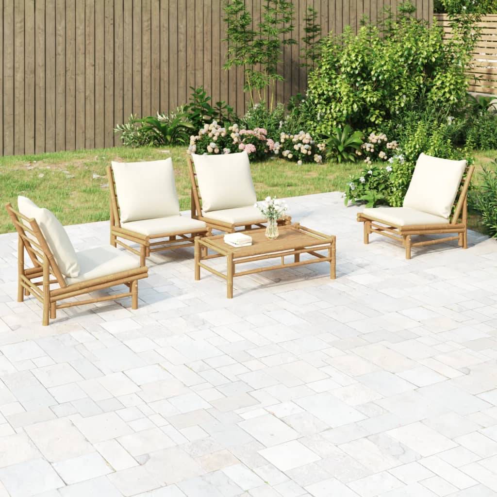 vidaXL 5-tlg. Garten-Lounge-Set mit Cremeweißen Kissen Bambus