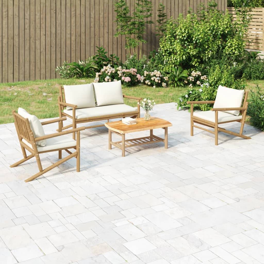 vidaXL 4-tlg. Garten-Lounge-Set mit Cremeweißen Kissen Bambus