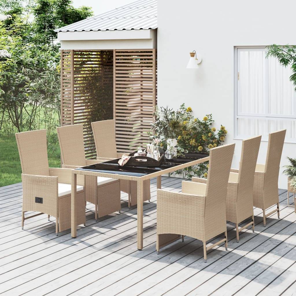 vidaXL 7-tlg. Garten-Essgruppe mit Kissen Beige Poly Rattan