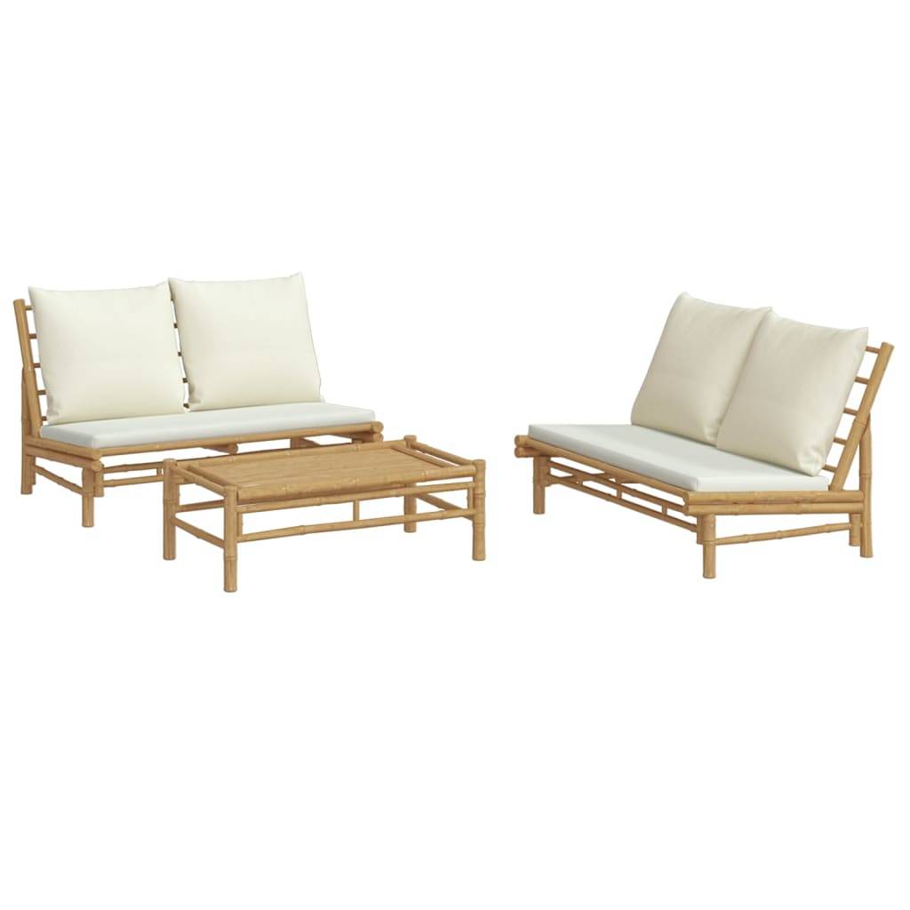 vidaXL 3-tlg. Garten-Lounge-Set mit Kissen Creme Bambus