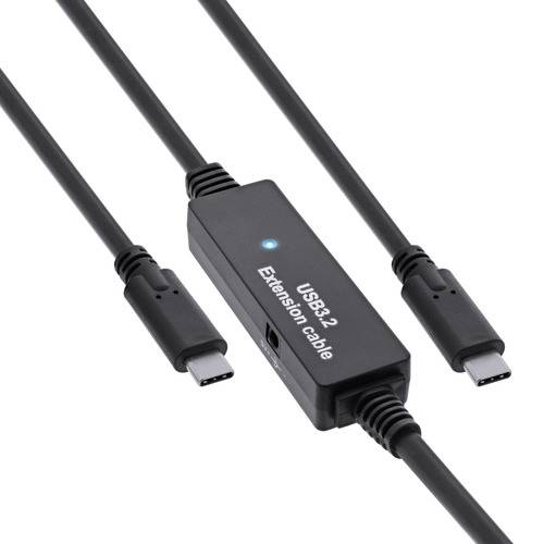 USB 3.2-Verlängerungskabel' mit USB-Type-C-Anschlüssen an beiden Enden, mit einem rechteckigen Mittelteil, das seine Kompatibilität und Funktion kennzeichnet.