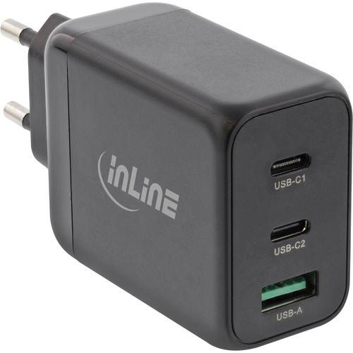 Ein schwarzes USB-Wandladegerät mit zwei USB-C-Anschlüssen und einem USB-A-Anschluss, mit dem inLine-Logo; geeignet zum Laden mehrerer Geräte.