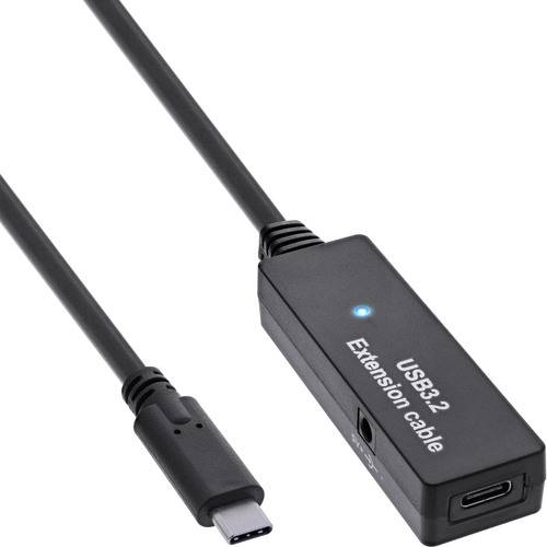 Ein schwarzes USB 3.2-Verlängerungskabel mit einem USB-C-Stecker an einem Ende und einem weiblichen USB-C-Anschluss am anderen Ende, dargestellt auf weißem Hintergrund.