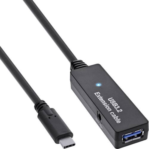 Ein schwarzes USB-3.2-Verlängerungskabel mit einem USB-C-Stecker an einem Ende und einem USB-A-Anschluss am anderen Ende, gekennzeichnet mit 