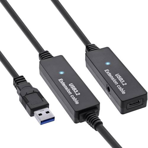 USB 3.2-Verlängerungskabel mit blauer LED-Anzeige, das auf einer Seite einen männlichen USB-A-Stecker und auf der anderen Seite einen weiblichen USB-A-Anschluss aufweist.